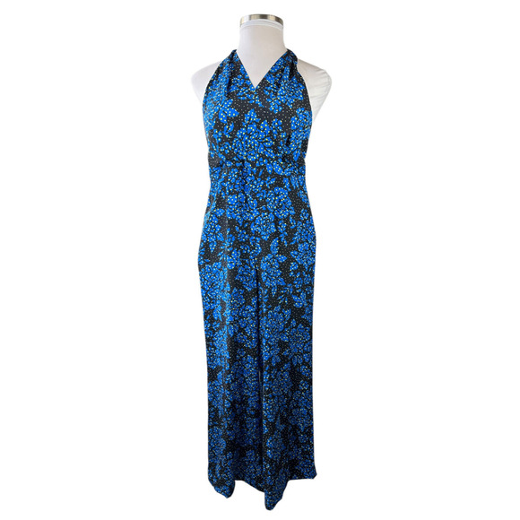 DVF Diane Von Furstenberg 100% Silk Black & Blue Halter Jumpsuit Women's Size 12 - Picture 2 of 16